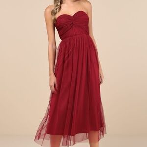 Lulus Perfect Whimsy Burgundy Mesh Strapless Midi Dress Red - Size M